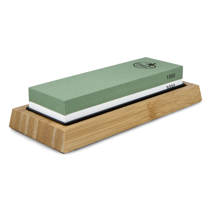 Almazan Kitchen Sharpening Stone Set on a wooden board